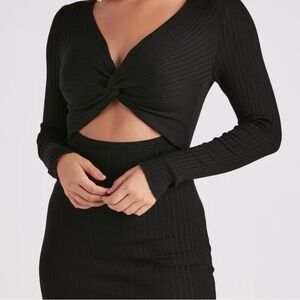 Elegant Black Knot Front Midi Sweater Dress